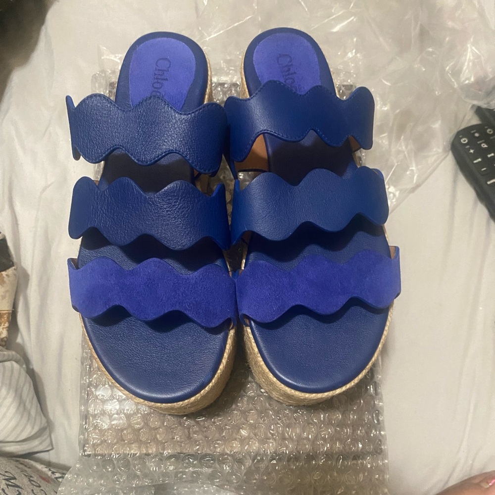 Chloe Royal Blue Platform Sandals, Leather and Suede Made In Italy Size 38